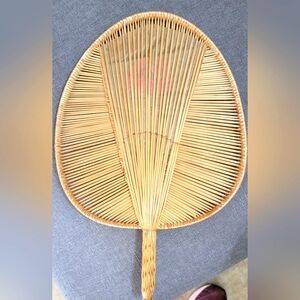 Hand Fan Bamboo Rice‎ Paper 1940's Hand Decorated 9" x 9.5" Blade Vintage